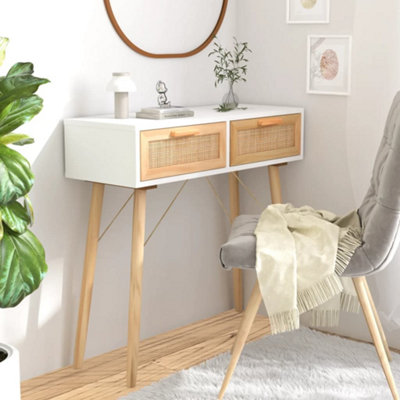 Berkfield Console Table White 80x30x75 cm Solid Wood Pine&Natural Rattan