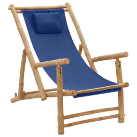 Berkfield Deck Chair Bamboo and Canvas Navy Blue