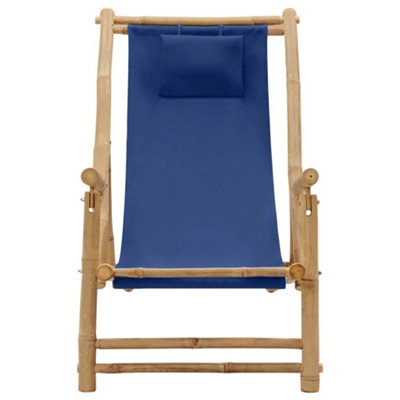 Berkfield Deck Chair Bamboo and Canvas Navy Blue