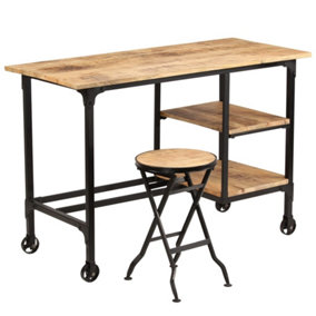 Berkfield Desk with Folding Stool Solid Mango Wood 115x50x76 cm