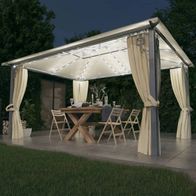 Berkfield Gazebo with Curtain&LED String Lights 4x3 m Cream Aluminium ...