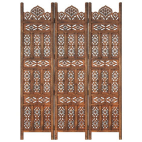 Berkfield Hand carved 3-Panel Room Divider Brown 120x165 cm Solid Mango Wood