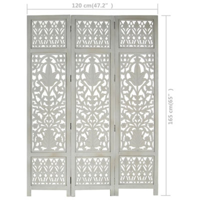 Berkfield Hand Carved 3-Panel Room Divider Grey 120x165 cm Solid Mango Wood