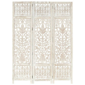 Berkfield Hand carved 3-Panel Room Divider White 120x165 cm Solid Mango Wood