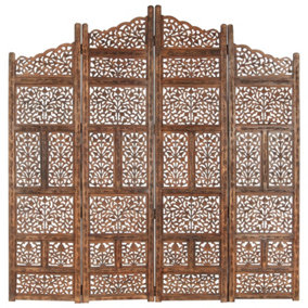 Berkfield Hand carved 4-Panel Room Divider Brown 160x165 cm Solid Mango Wood