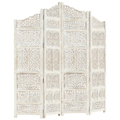 Berkfield Hand carved 4-Panel Room Divider White 160x165 cm Solid Mango Wood