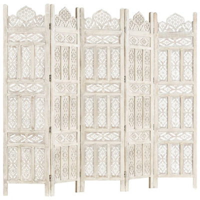 Berkfield Hand carved 5-Panel Room Divider White 200x165 cm Solid Mango ...
