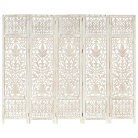 Berkfield Hand carved 5-Panel Room Divider White 200x165 cm Solid Mango Wood
