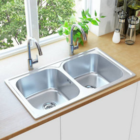 Berkfield Kitchen Sink Double Basin with Strainer & Trap Stainless Steel