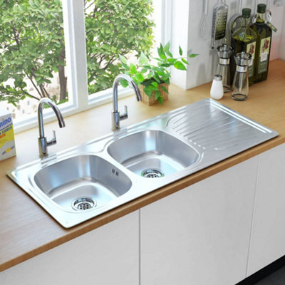 Berkfield Kitchen Sink Double Basin with Strainer & Trap Stainless Steel