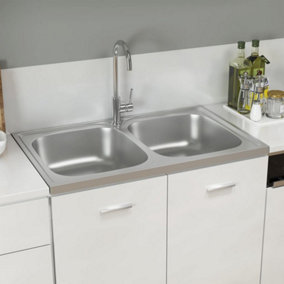 Berkfield Kitchen Sink with Double Basins Silver 800x500x155 mm Stainless Steel