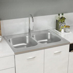 Berkfield Kitchen Sink with Double Basins Silver 800x600x155 mm Stainless Steel