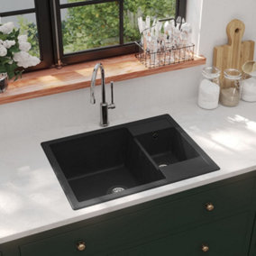 Berkfield Kitchen Sink with Overflow Hole Double Basins Black Granite