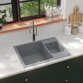 Berkfield Kitchen Sink with Overflow Hole Double Basins Grey Granite