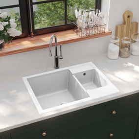 Berkfield Kitchen Sink with Overflow Hole Double Basins White Granite