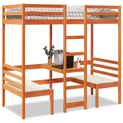 Berkfield Loft Bed Frame with Desk and Chairs Wax Brown 90x200cm Solid ...