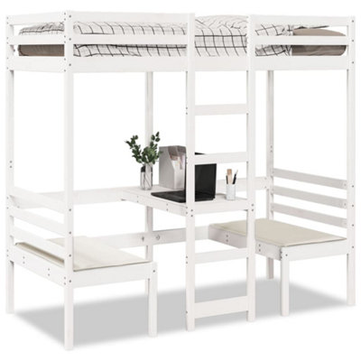 Berkfield Loft Bed Frame with Desk and Chairs White 90x190cm Solid Wood ...