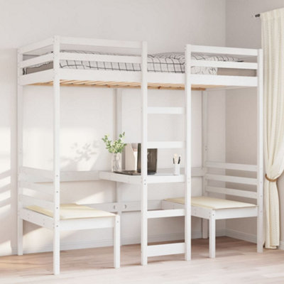 Berkfield Loft Bed Frame with Desk and Chairs White 90x190cm Solid Wood ...