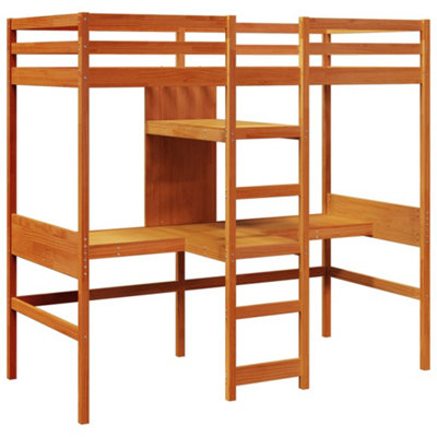 Berkfield Loft Bed Frame with Desk and Shelves Wax Brown 90x200cm Solid ...