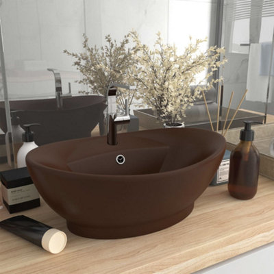 Berkfield Luxury Basin Overflow Oval Matt Dark Brown 58.5x39 cm Ceramic