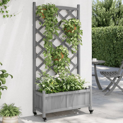 Berkfield Planter with Trellis and Wheels Grey Solid Wood Fir