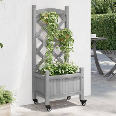 Berkfield Planter with Trellis and Wheels Grey Solid Wood Fir