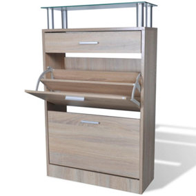 Berkfield Shoe Cabinet with a Drawer and a Top Glass Shelf Wood Oak Look