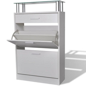 Berkfield Shoe Cabinet with a Drawer and a Top Glass Shelf Wood White