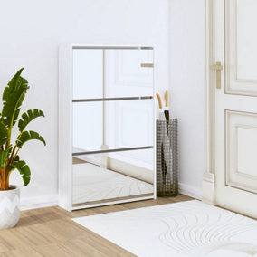 Berkfield Shoe Cabinet with Mirror 3-Layer High Gloss White 63x17x102.5 cm