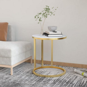 Berkfield Side Table Gold and White Marble 45 cm Tempered Glass