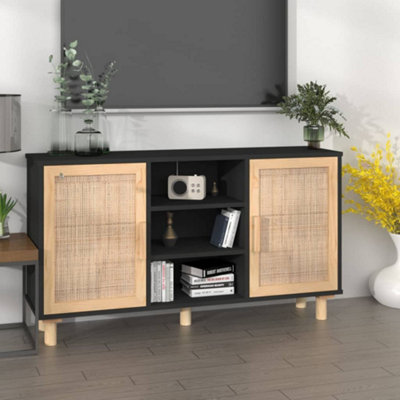 Berkfield Sideboard Black 105x30x60 cm Solid Wood Pine and Natural Rattan