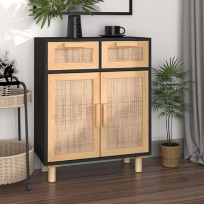 Berkfield Sideboard Black 60x30x75 cm Solid Wood Pine and Natural Rattan