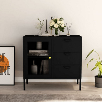 Berkfield Sideboard Black 75x35x70 cm Steel and Tempered Glass | DIY at B&Q