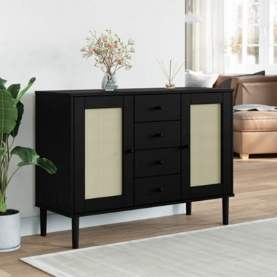 Berkfield Sideboard SENJA Rattan Look Black 112x40x80 cm Solid Wood Pine