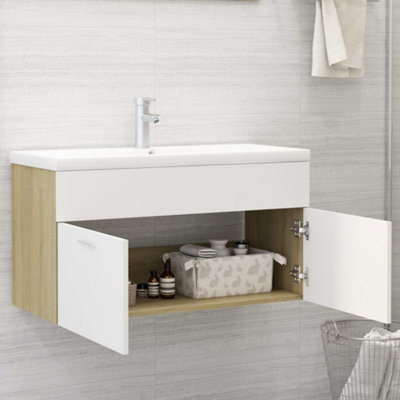 Berkfield Sink Cabinet White and Sonoma Oak 90x38.5x46 cm Engineered Wood