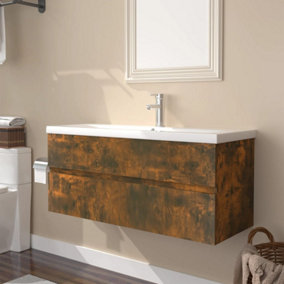 Berkfield Sink Cabinet with Built-in Basin Smoked Oak Engineered Wood