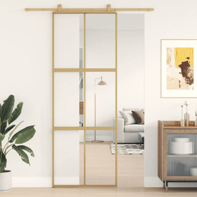 Berkfield Sliding Door Gold 76x205 cm Clear ESG Glass and Aluminium