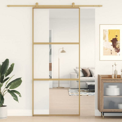 Berkfield Sliding Door Gold 90x205 cm Clear ESG Glass and Aluminium