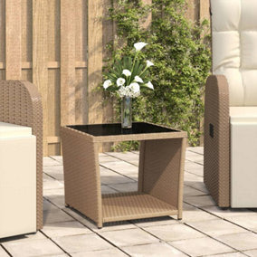 Berkfield Tea Table with Glass Top Beige Poly Rattan&Tempered Glass