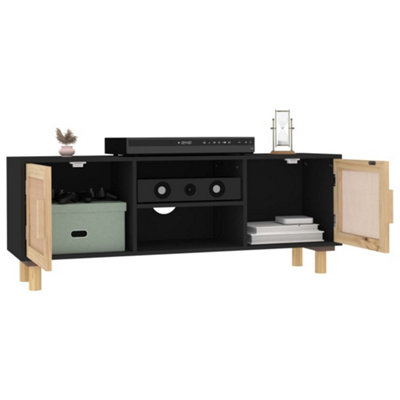 Berkfield TV Cabinet Black 105x30x40 cm Solid Wood Pine&Natural Rattan