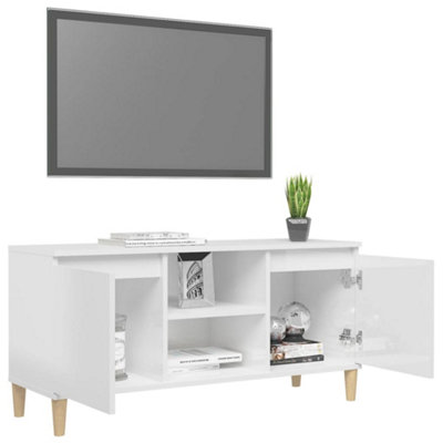 Berkfield TV Cabinet & Solid Wood Legs High Gloss White 103.5x35x50 cm