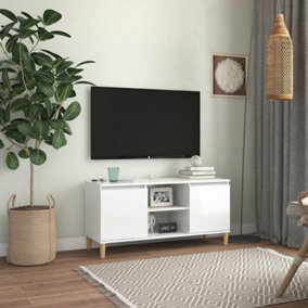 Berkfield TV Cabinet & Solid Wood Legs High Gloss White 103.5x35x50 cm