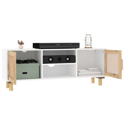 Berkfield TV Cabinet White 105x30x40 cm Solid Wood Pine&Natural Rattan