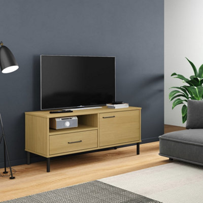 Berkfield TV Cabinet with Metal Legs Brown Solid Wood Pine OSLO