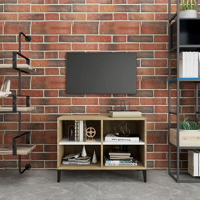 Berkfield TV Cabinet with Metal Legs White and Sonoma Oak 69.5x30x50 cm
