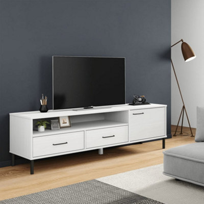 Berkfield TV Cabinet with Metal Legs White Solid Wood Pine OSLO