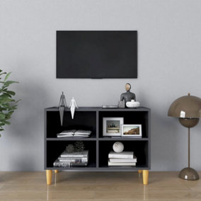 Berkfield TV Cabinet with Solid Wood Legs High Gloss Grey 69.5x30x50 cm