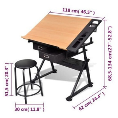 Berkfield Two Drawers Tiltable Tabletop Drawing Table with Stool