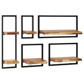 Berkfield Wall Shelf Set 5 Pieces Solid Acacia Wood and Steel