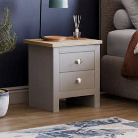 Berkshire Oak Top, Soft Grey 2 Drawer Contemporary Bedside Table & Bedside Cabinet